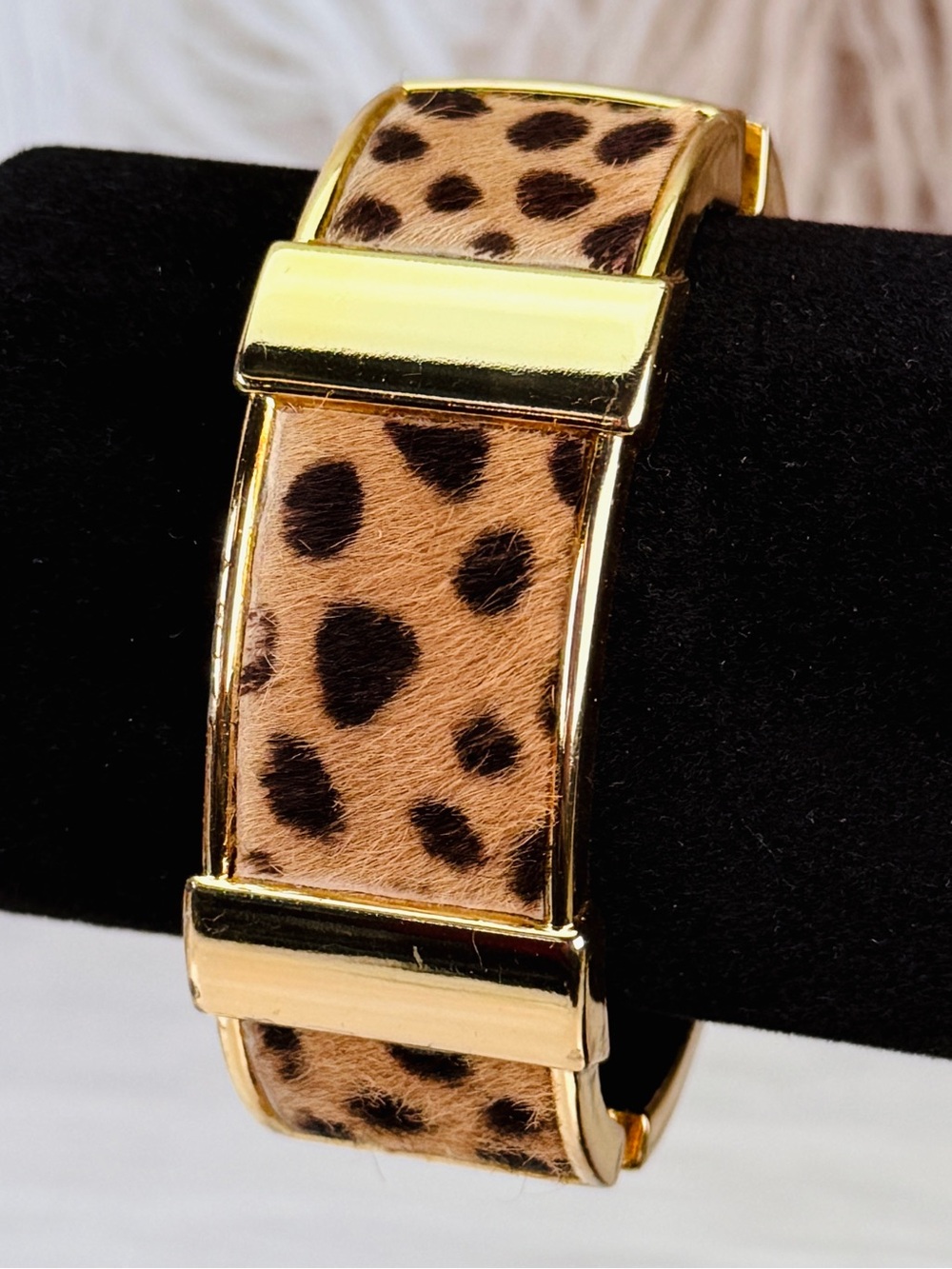 J.Crew Leopard Calf Hair Gold Tone Hinged Wide Bangle Bracelet